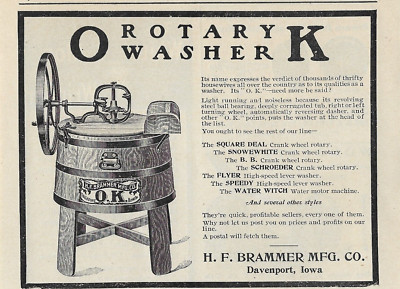 Antique 1900's Laundry Machine - H F Brammer Mfg Co - OK Rotary Washer - 1908 AD