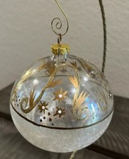 Large Clear  Frosted Glass Ball Ornament Hand Painted Gold  Glittered 6"