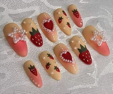 Custom Handpainted Strawberry Pearl Press On Nails Matte Ombre Almond Sz S 25469