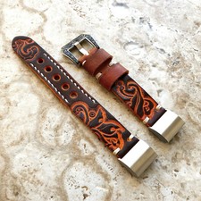 Brown and Orange Embossed Leather Watch Strap Band for Fitbit Charge 6 5 and 4