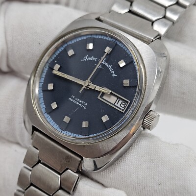 Vintage Andre Bouchard Blue Dial 17 Jewels Automatic Date Mens Wrist Watch Runs