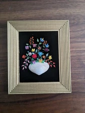 Sea Shell Flower Bouquet Art Collage Shadowbox Gold Frame approx 6x7 in Vintage