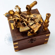Antique Brass J. Scott Nautical Sextant 4" with Wooden Box Maritime Gift Decor