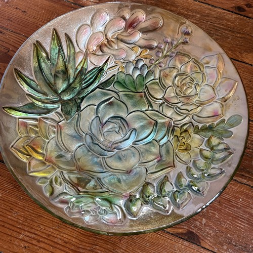18'' Holographic Painted Succulents  large Glass  plate , bowl , birdbath 