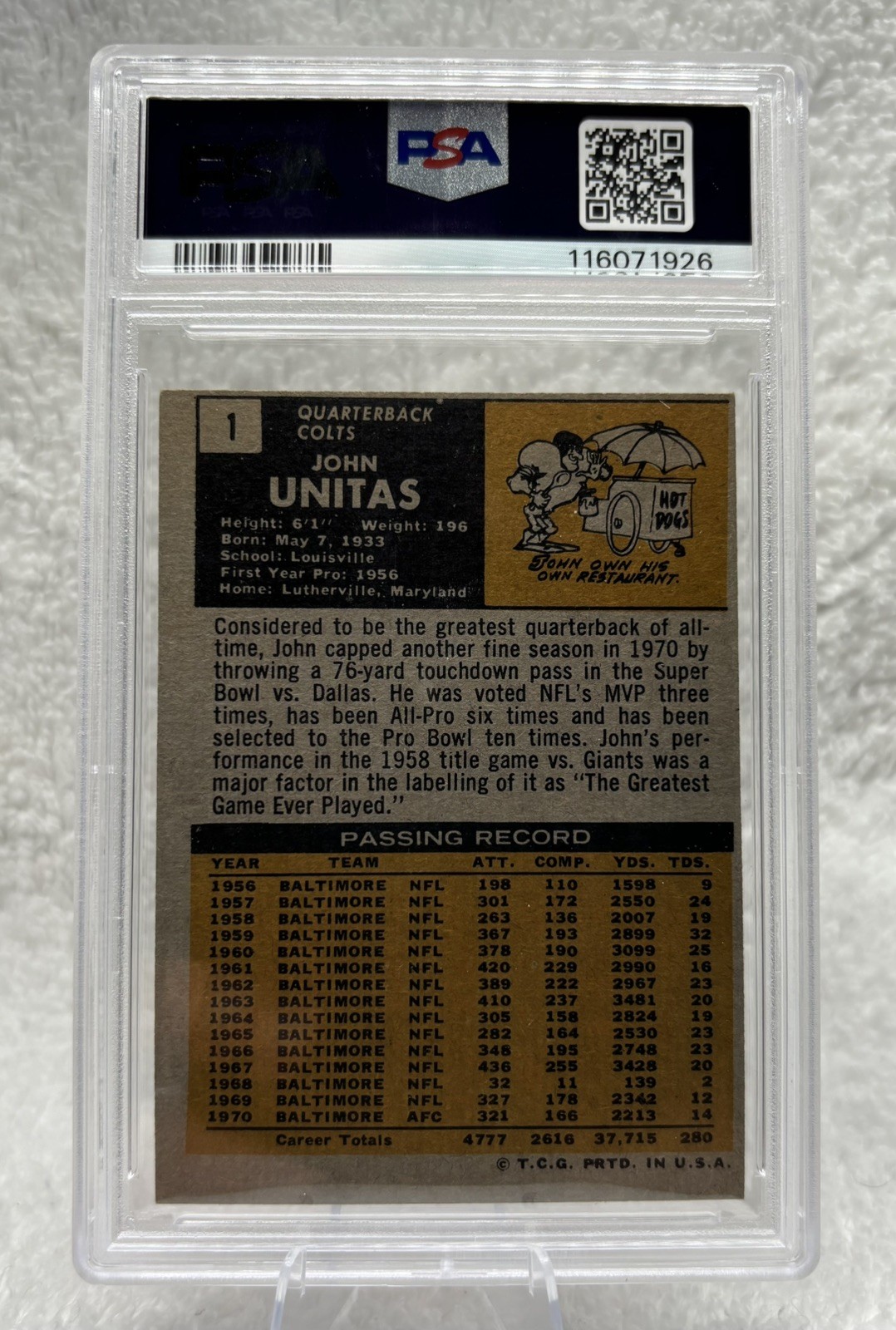1971 Topps John Unitas #1 PSA 4 HOF view 2