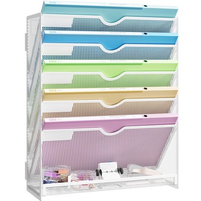 Hanging Wall File Organizer 6 Tier Mail Paper Folder Holder White Sleek Metal