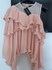 Crysta Gucci Pink Ruffle Chiffon Asymmetrical Sleeve Tunic Women's Blouse