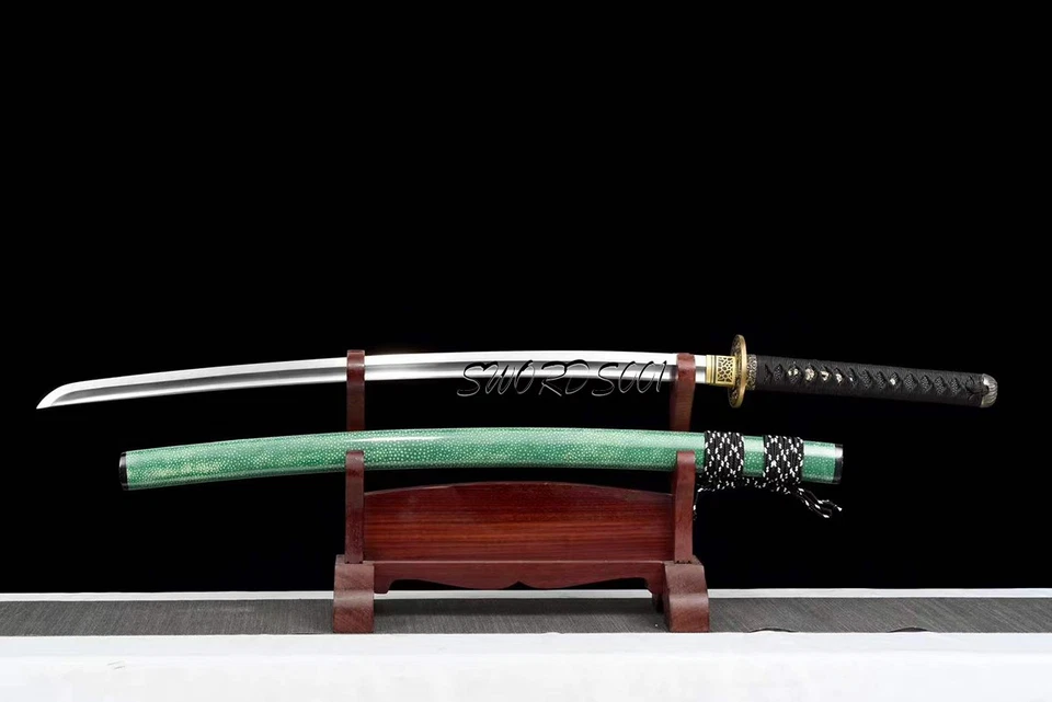Katana samurai japonesa hoja de acero Damasco lista para la batalla espada afilada verde Saya Foto 4 de 4