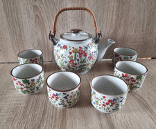 Asiatisches Tee - Service Keramik bemalt, 7 teilig, 1 Teekanne 6 Teebecher