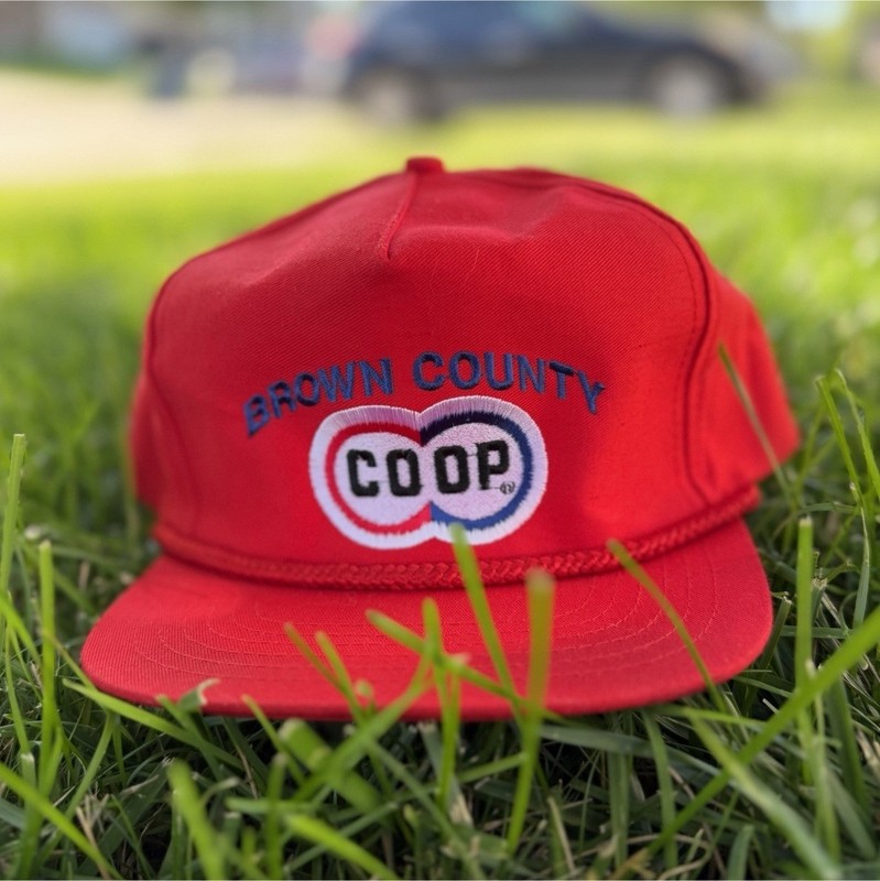 Sportsman Red Snapback Hat Brown County COOP Patch Logo Adjustable One Size