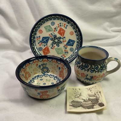 Ceramika Artyatyczna- Polish Pottery Kids set (bowl-bears, dish-kites, mug-cats)