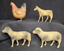 Lot Of Four Vintage Celloid Animals 2 Ram Rattles, Chicken  Horse