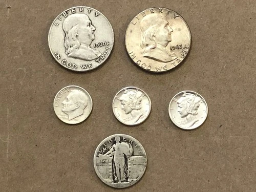 90% Silver $1.55 Face, 2 BU Mercury Dimes, 2 Franklin 50C, Liberty Quarter, Dime