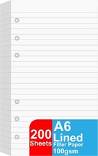 2 Pack A6 Lined Refill Paper, 200 Sheets/400 Pages Loose 200 Sheets, White