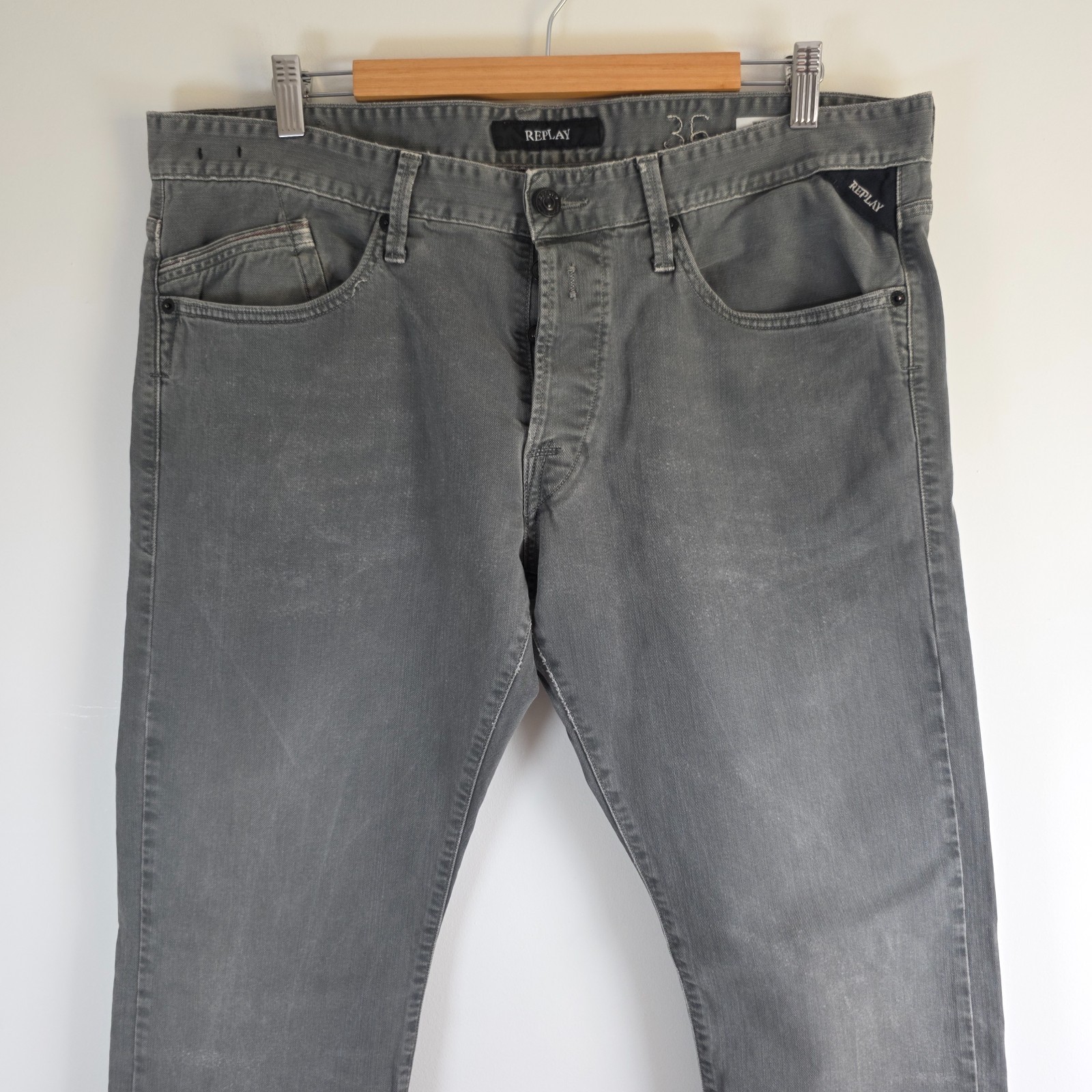 Replay Waitom Jeans W37 L33 Grey Straight Fit Denim Men’s Button Fly image 6
