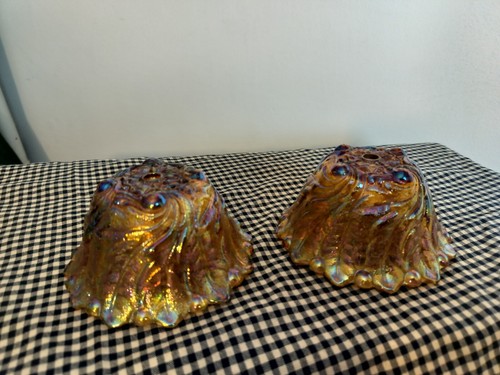 Vtg Indiana Glass Co Iridescent Gold Marigold Carnival Glass Candle holder Set 2 - Picture 9 of 14