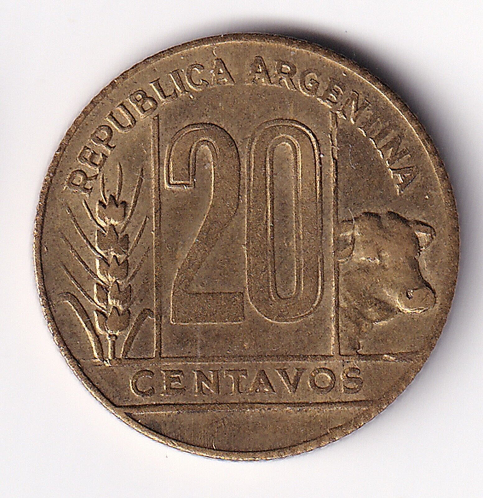 ARGENTINA 1950 20 centavos-KM#42 Bull's Head-Lady Liberty-Aluminium Bronze 1642