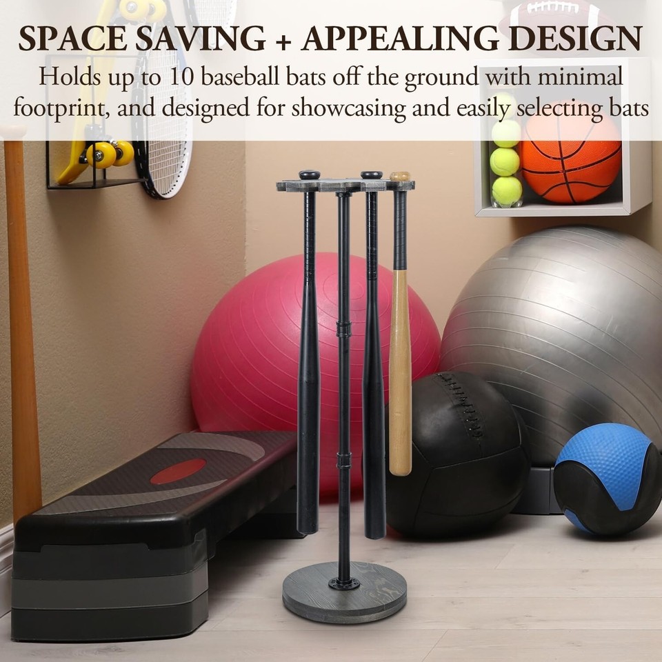 Freestanding Gray Wood & Black Metal Baseball Bat Rack, Softball ...
