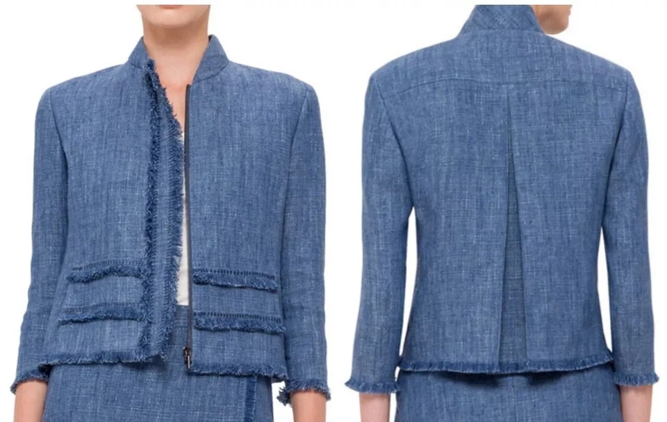 AKRIS PUNTO 100% Linen Blue Fringe Trim Zip Front Jacket, Size 10 - Image 2 of 4