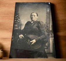 Civil War Era Women in Button Front Gown Dress Antique 1800s TinType Photo