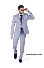 Slim Fit Men Suit Stone Silver 3 Piece Vested Micro Textured Weave 2 Button AZAR