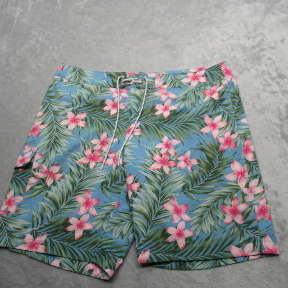 J. Crew Stretch Swim Shorts Mens 34 Blue Floral Hawaiian Lined Pocket Trunks - Image 2 of 4