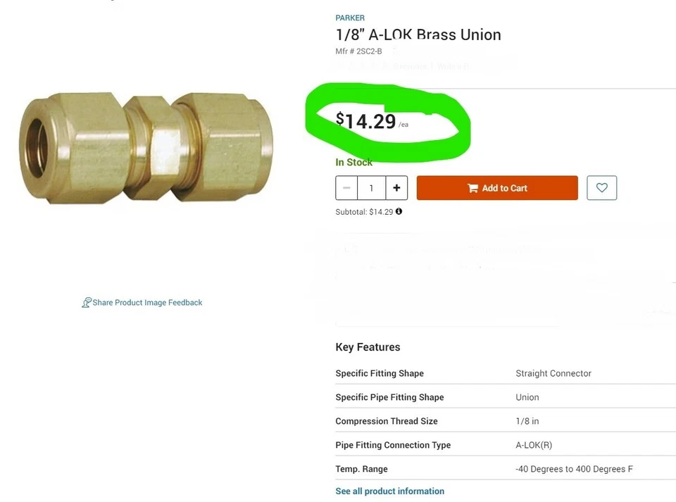 (5) 1/8”x1/8” Brass Compression Tube Union A-Lok Parker 2SC2-B [B6BY] - Image 3 of 4