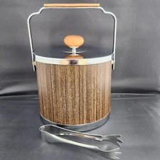 Atapco Chrome Wood Ice Bucket Vintage MCM w Lid Plastic Liner Tongs  VTG Barware