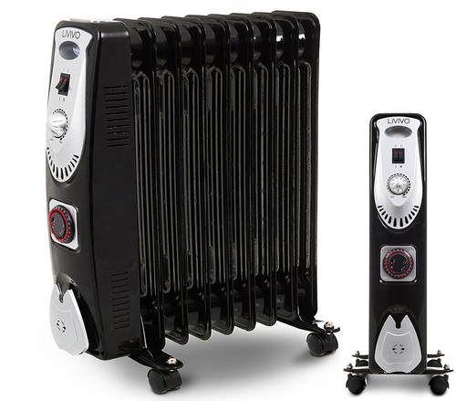 BLACK 9 FIN PORTABLE ELECTRIC OIL FILLED RADIATOR 2KW HEATER 2000W TIMER 3 HEAT  - Picture 1 of 8