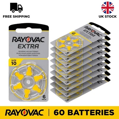 60 X Rayovac Hearing Aid Batteries Extra Advanced Size 10 (Yellow)