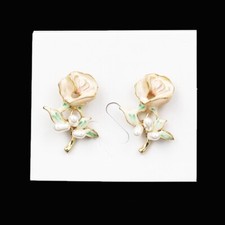 Fashion Womens Pink Enamel Pearl Rose Flower Earbob Dangle Earrings Gold Tone