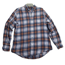 IZOD Mens Large Plaid Flannel Shirt Button Down Blue Orange Cotton Blend Pre-Own