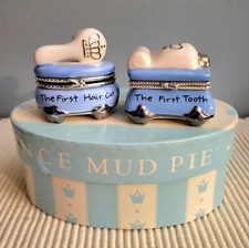 Mud Pie 2pc Baby Prince First Tooth Haircut Blue Porcelain Hinged Boxes NIB 2004
