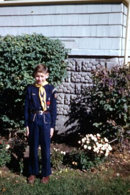 35mm Slide 1950s Red Border Kodachrome Cub Scout in Garden