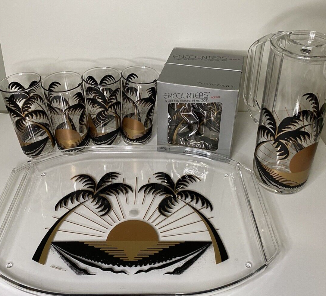 VTG Culver Encounters Acrylic Sunset Drink Set Pool Party Patio 11 pc Black Gold