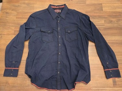Rock & Roll Cowboy Shirt Mens XL Pearl Snap Black Blue Stripe Western Rodeo