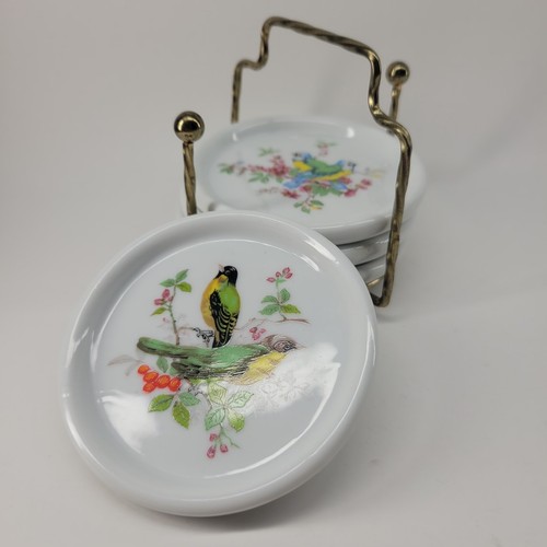 Vintage Bird Ceramic Coasters Brass Holder Set Taiwan ROC Mid Century Decor