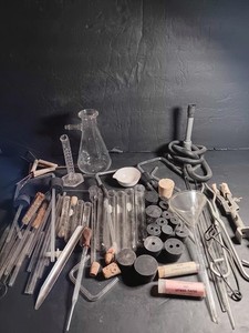 LARGE VINTAGE Chemistry lab equipment TUBES FLASK BURNER TONGS STOPPERS STIRS +