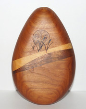 Vintage ARTISAN CRAFTED Small Cherry Wood Inlay Carved Hanging Wall Art 6x4