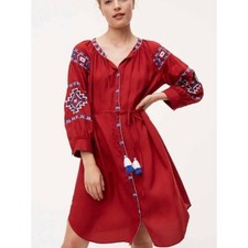 Womens AnnTaylor Loft Boho Red Aztec Print Embroidered Shift Dress Red 