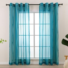 Teal Sheer Curtains 84 Inches Long, Light Filtering Elegant Wave Patterned Cu...