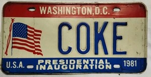 1981 Washington DC Presidential Inauguration License Plate - COKE - Vanity