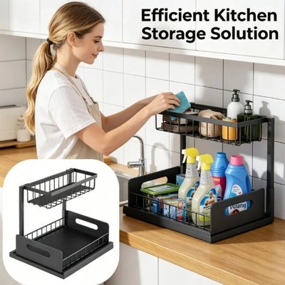 2 Ebenen Ausziehbarer Korb Küche Unter Spüle Schrank Organizer Schublade Aufbewahrung Regal.
