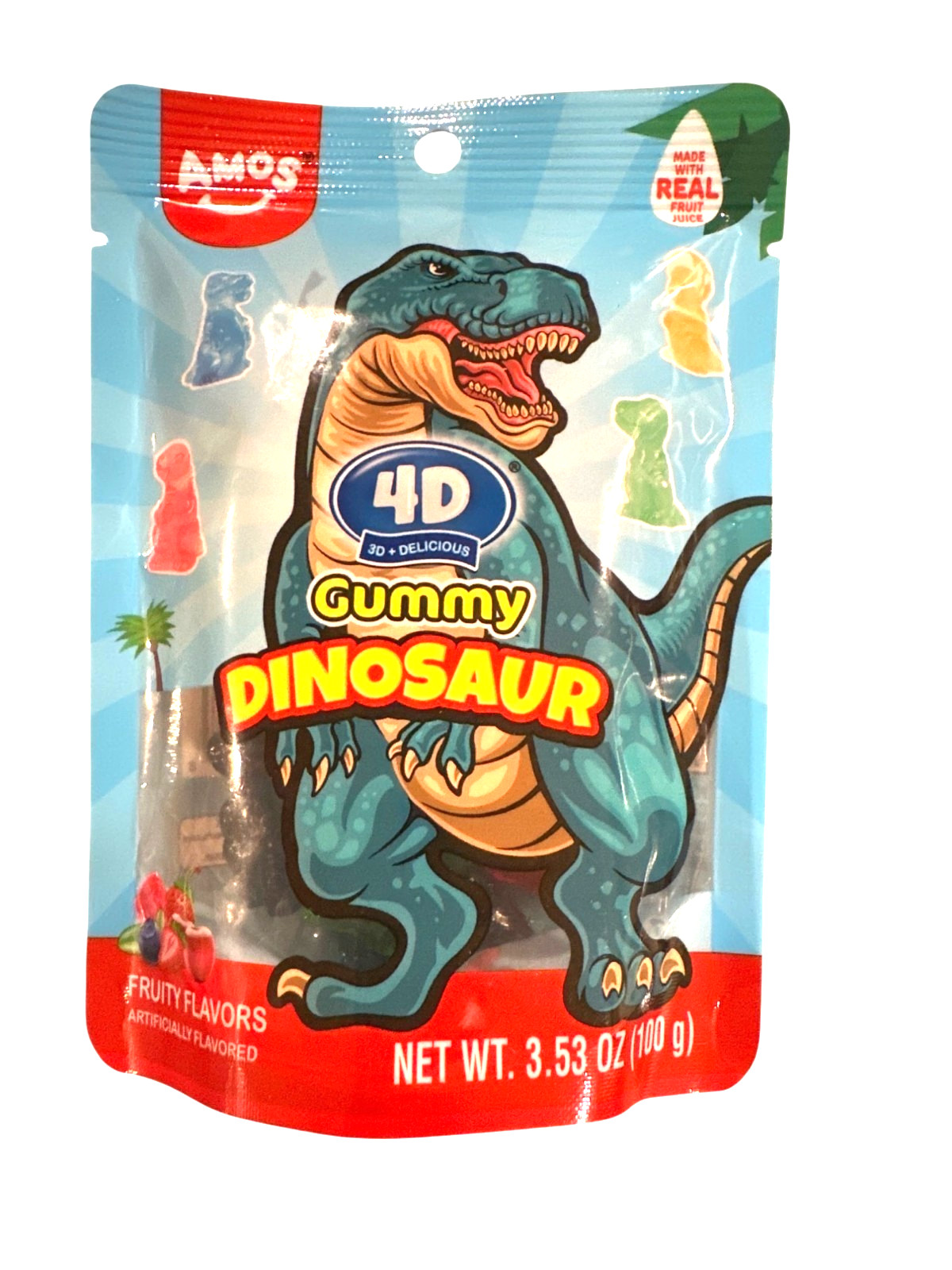Amos 4D Delicious Gummy Dinosaur Candy 3.53 Oz Fruity Flavors w/Real Fruit Juice
