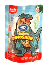 Amos 4D Delicious Gummy Dinosaur Candy 3.53 Oz Fruity Flavors w/Real Fruit Juice