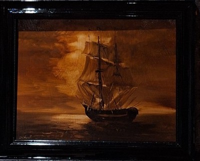 Original Ölgemälde Oil Painting Fregatte Meer Sea Impressionismus Prunkrahmen 