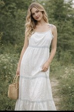 American Eagle Woman’s  XXL Tiered Maxi Dress Blue Cottagecore Lace Trim Prairie