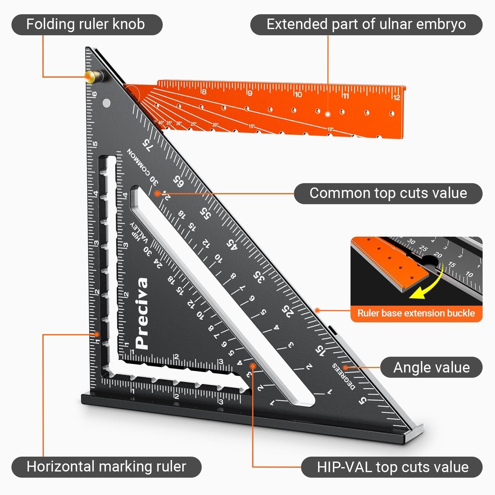 Preciva Foldable Carpenter Square Ruler, 12" (1/16" Scale) Aluminum Alloy Raf...