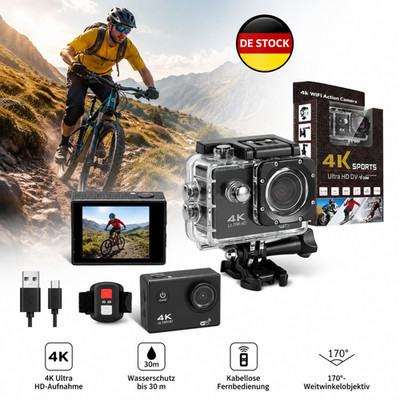 Wasserdicht 30M Action Camera Sportkamera 4K Ultra HD 20MP 170° Weitwinkel IP68