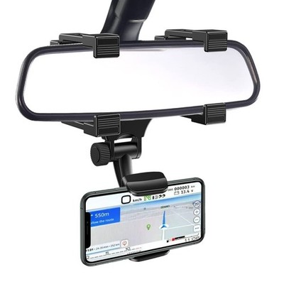 Black Car Rear View Mirror Phone Holder Mount 270 Swivel Adjustable Clips